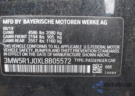 2020 BMW 330I z USA, uszkodzony, nr VIN 3MW5R1J0XL8B05572